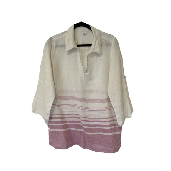 Sigrid Olsen Womens Blouse Tunic L Linen Pink White Stripe Pullover Beach - Picture 1 of 9